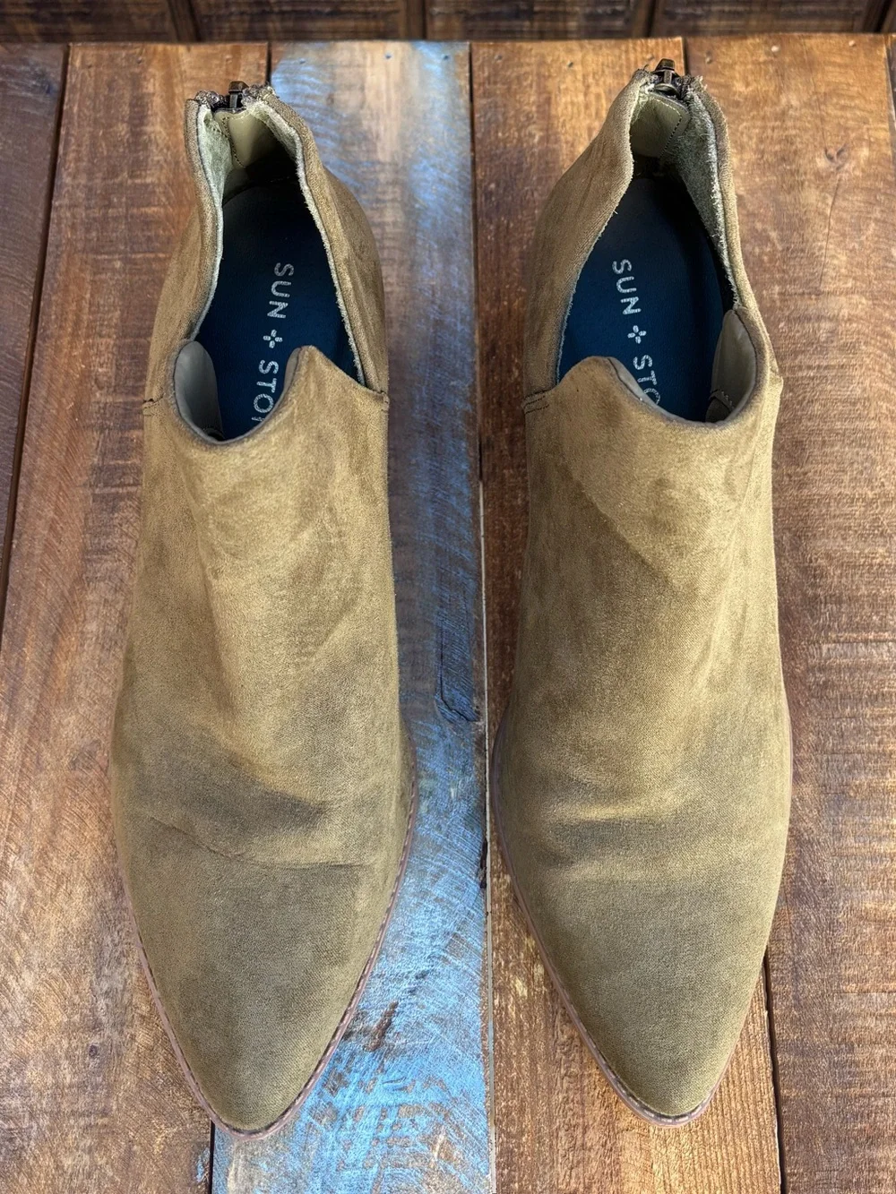 Sun + Stone Olive Green Suede Ankle Boots